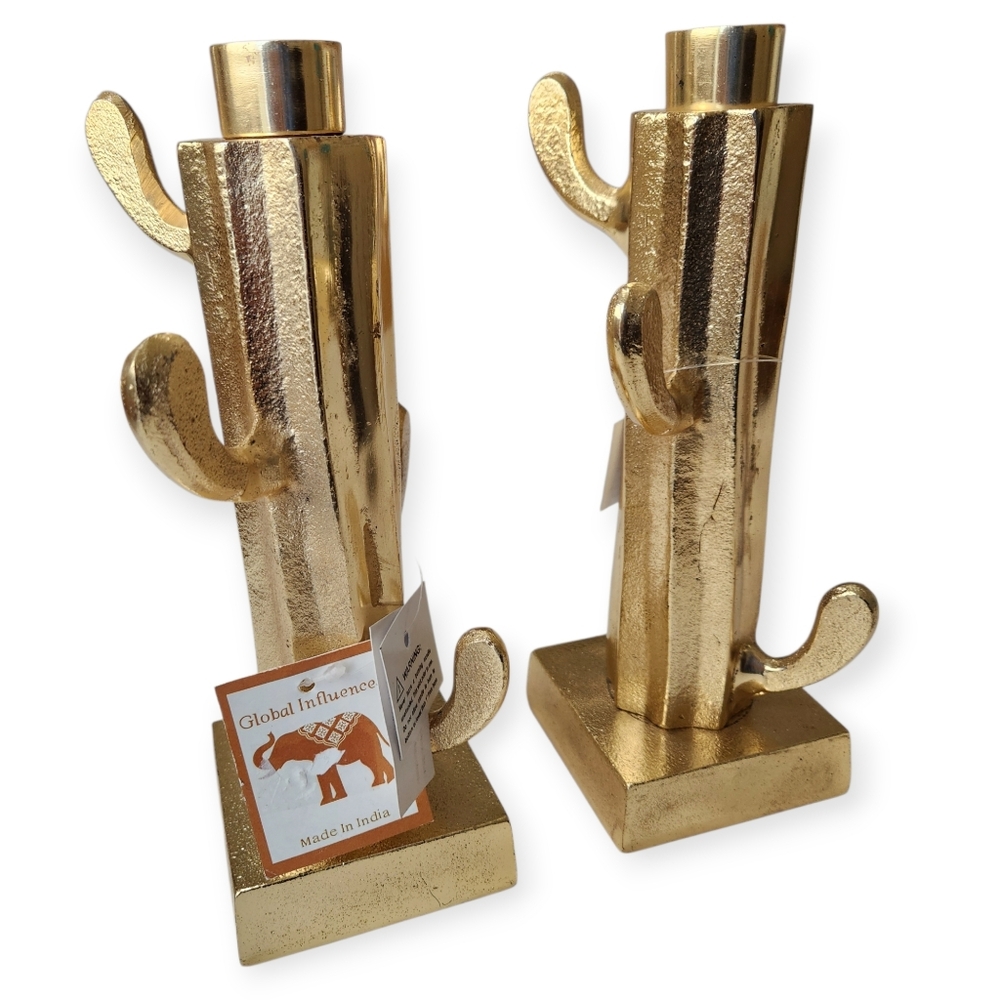 Large Goldtone Southwest Western Cactus Candle Holders (Set Of 2)